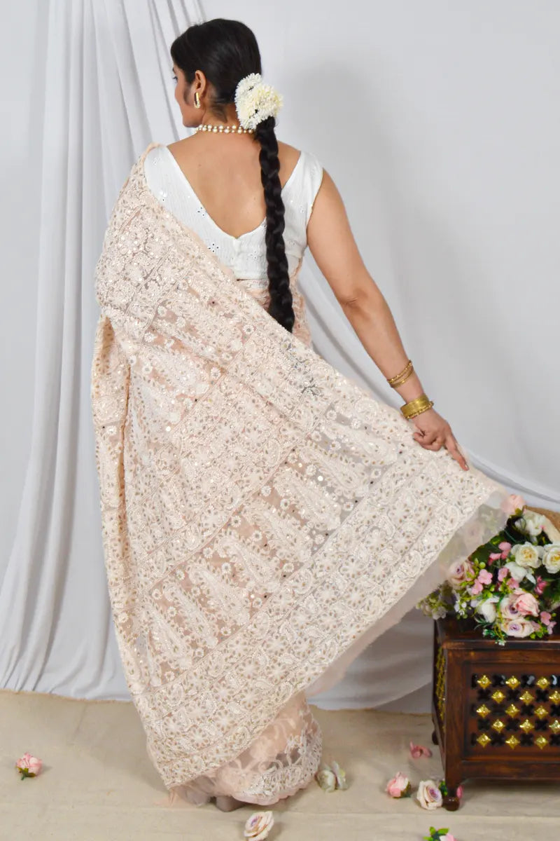 Handcrafted Georgette Saree with GotaPatti intricate Lucknowi Chikankari Embroidery and a matching Blouse, ideal for Festive and occasions.