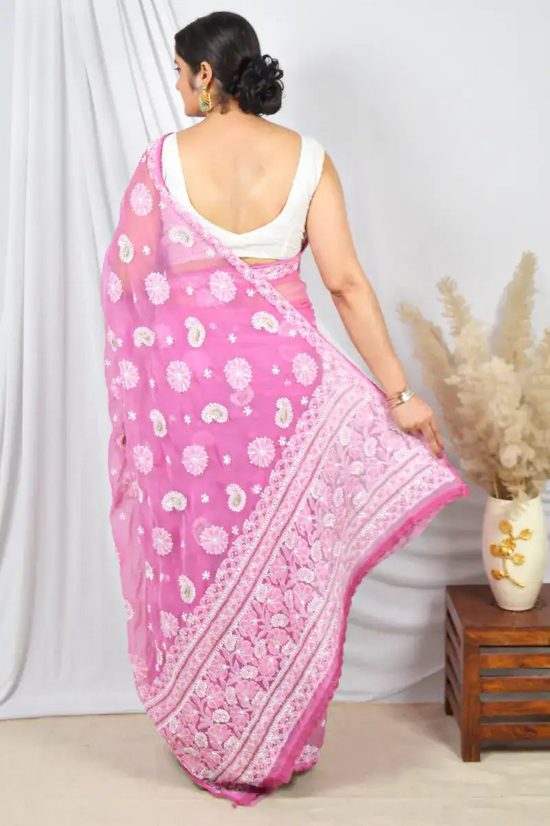 Fabnuma Handcrafted Pink Georgette with Pearl & Sequin Work Lucknowi Chikankari Saree with Blouse