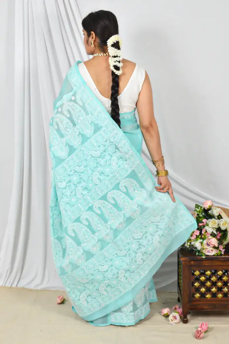 Handcrafted Sea Green Cotton Border Palla Saree with intricate Lucknowi Chikankari embroidery and a matching Blouse, ideal for Festive and occasions.