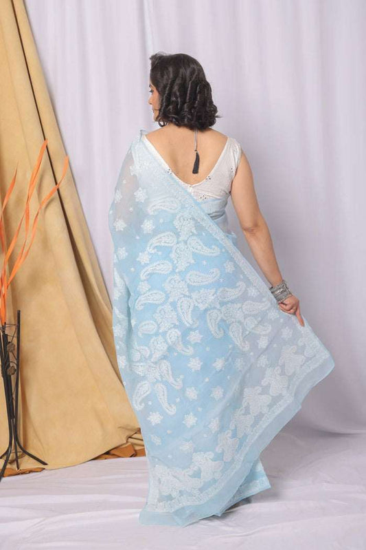 MeMaana Handcrafted Blue Cotton Chikankari Saree-Blouse MeMaana
