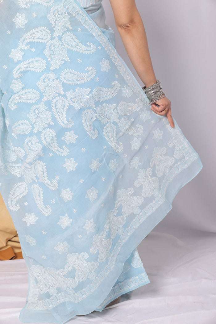 MeMaana Handcrafted Blue Cotton Chikankari Saree-Blouse MeMaana