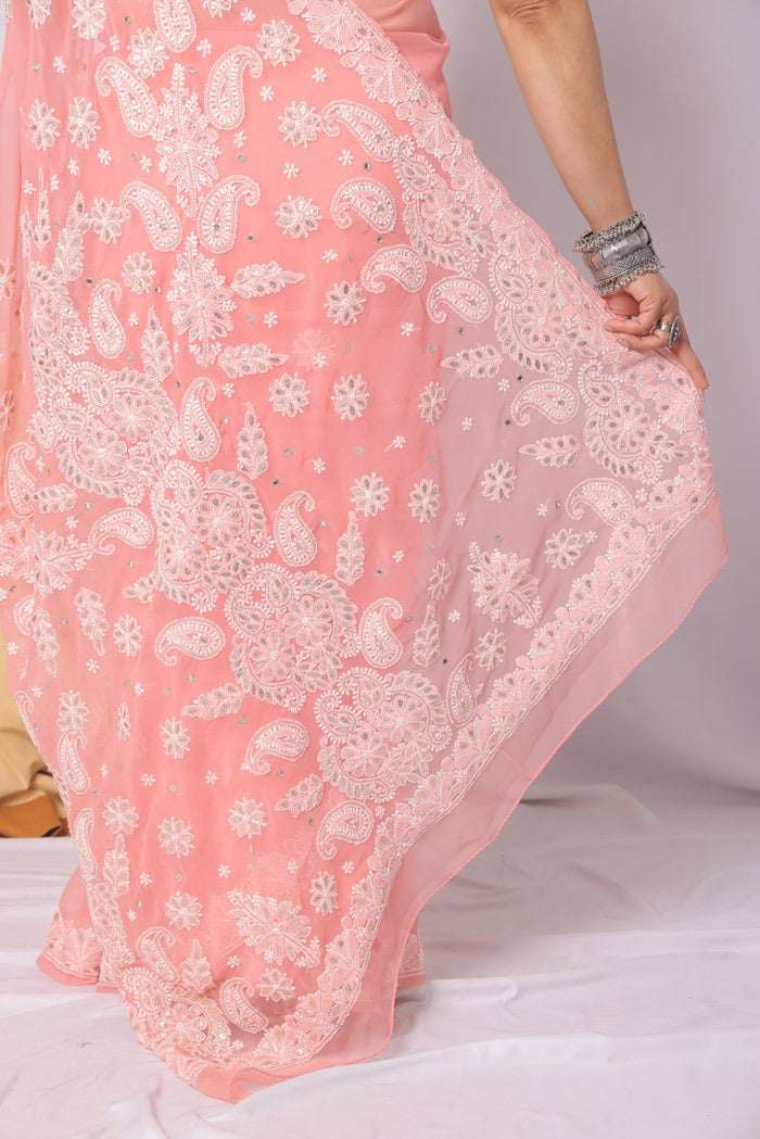 MeMaana Handcrafted Peach Georgette Chikankari Gota Patti Work Saree-Blouse MeMaana