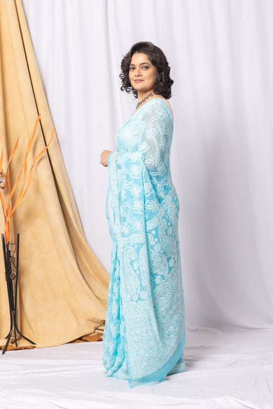 MeMaana Handcrafted Sky Blue Georgette Chikankari Saree-Blouse Fabnuma