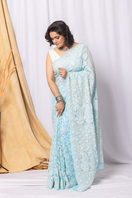MeMaana Handcrafted Sky Blue Georgette Chikankari Gota Patti Saree-Blouse MeMaana