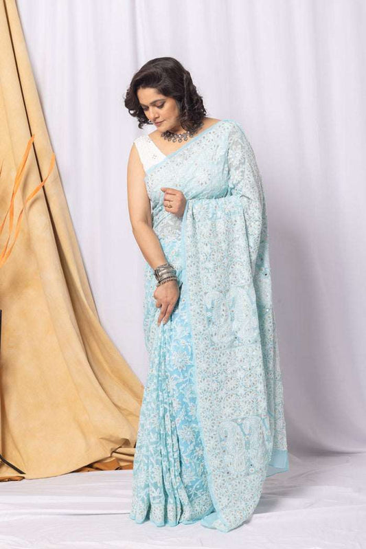 MeMaana Handcrafted Sky Blue Georgette Chikankari Gota Patti Saree-Blouse MeMaana