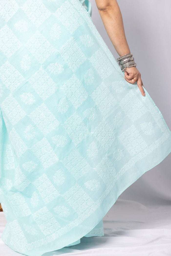 MeMaana Handcrafted Sea Green Cotton Chikankari Saree-Blouse MeMaana