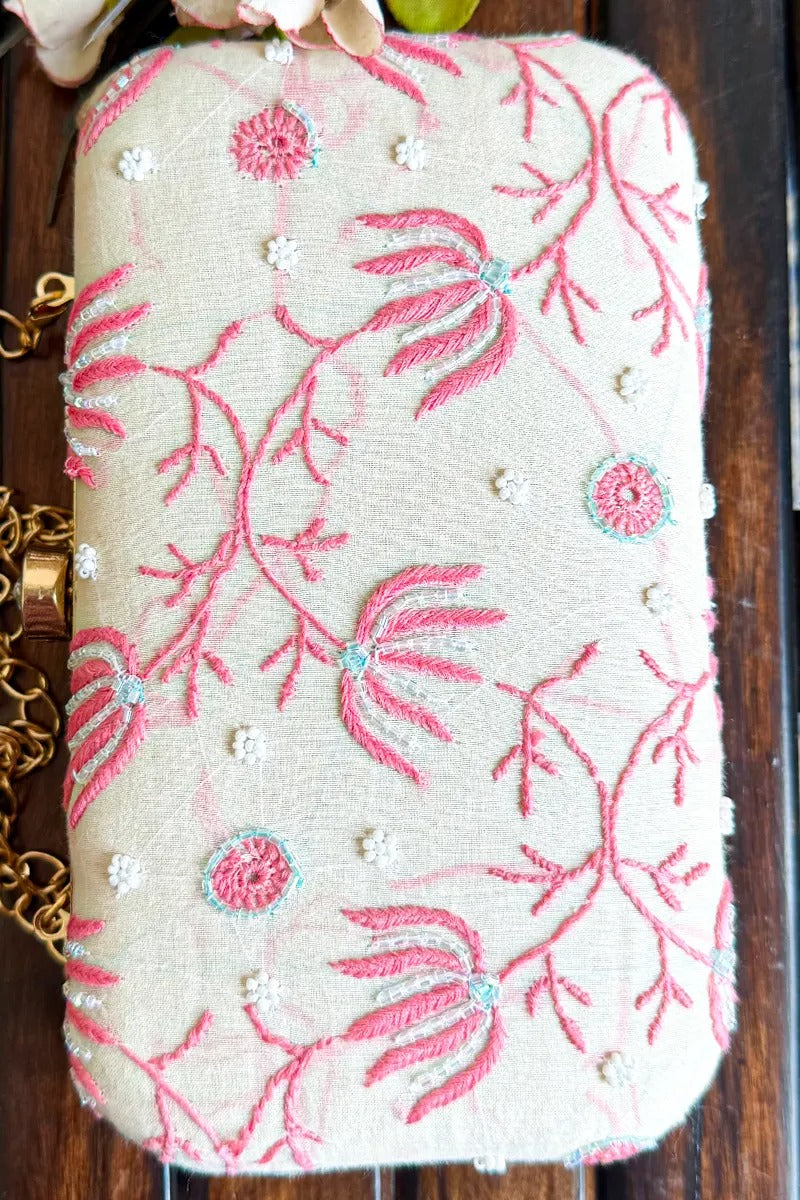 MeMaana Handcrafted White Chikankari Clutch with Pearl Work MeMaana
