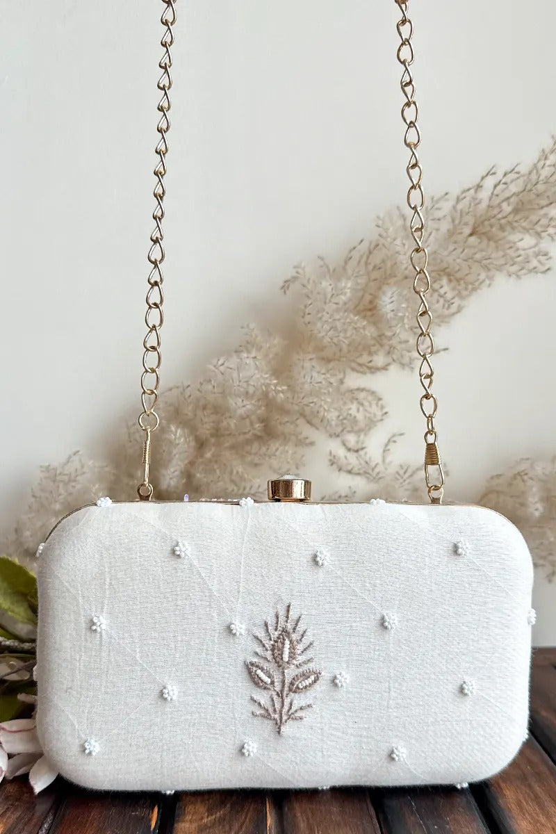 MeMaana Handcrafted White Chikankari Clutch with Pearl & Sequin Work Fabnuma