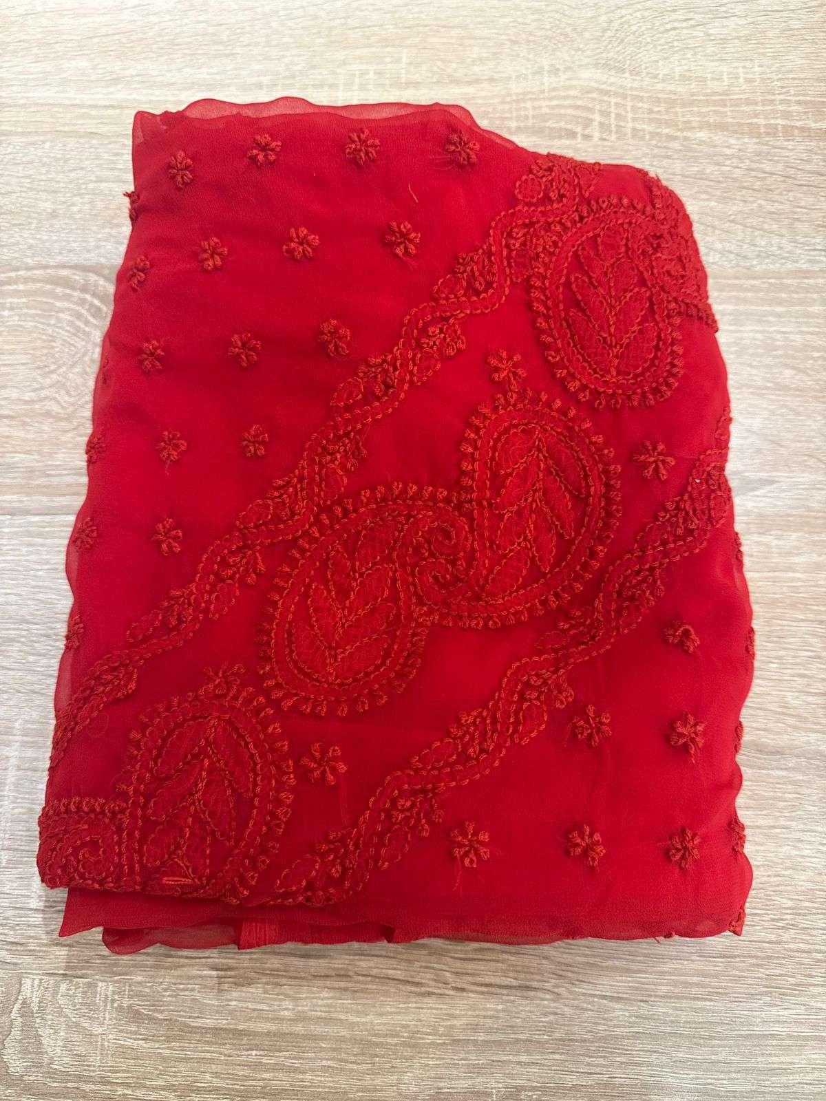 Red Colour Georgette Chikankari Saree MeMaana