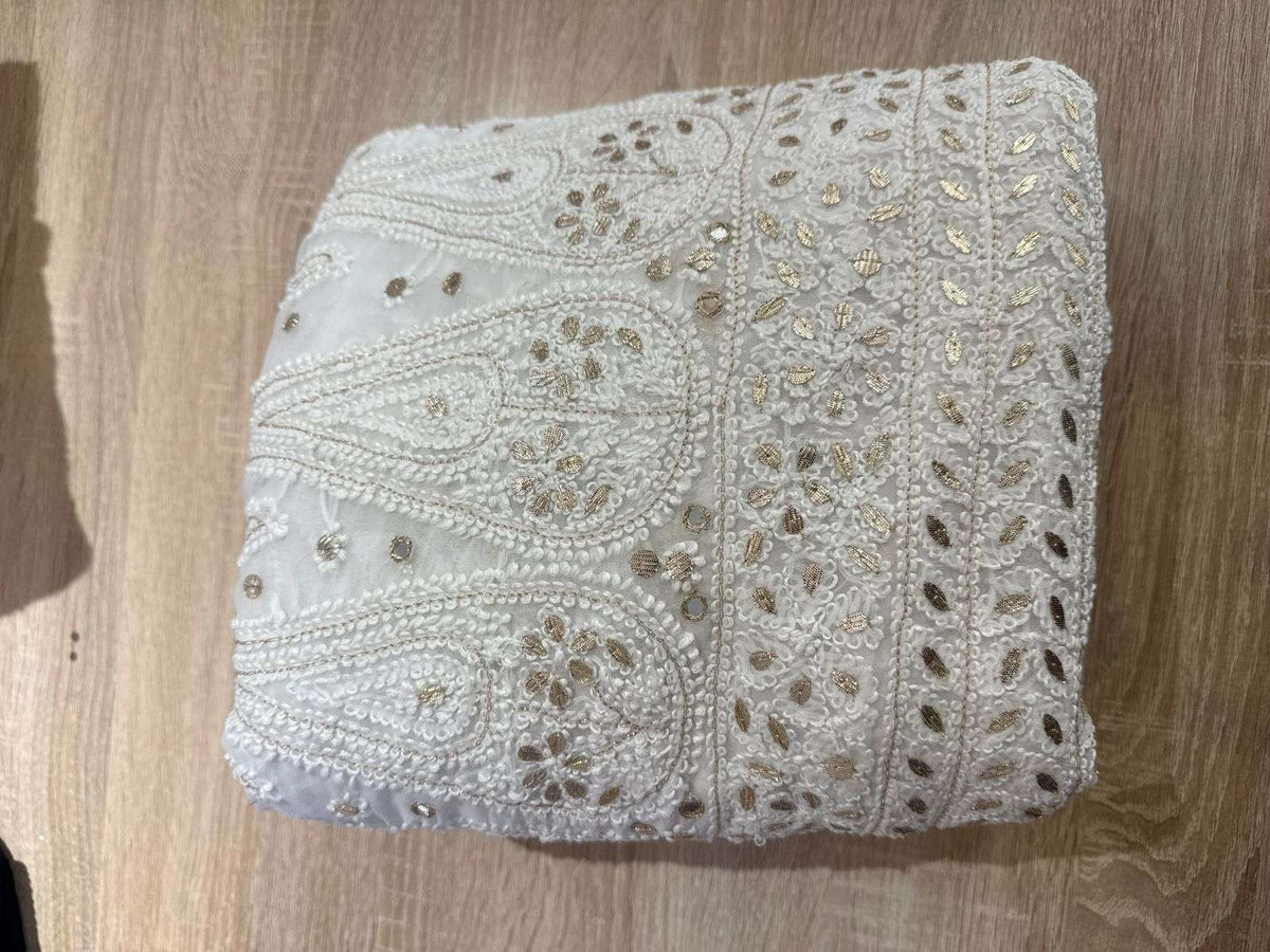 White colour Georgette Chikankari Saree Gora Patti Work MeMaana