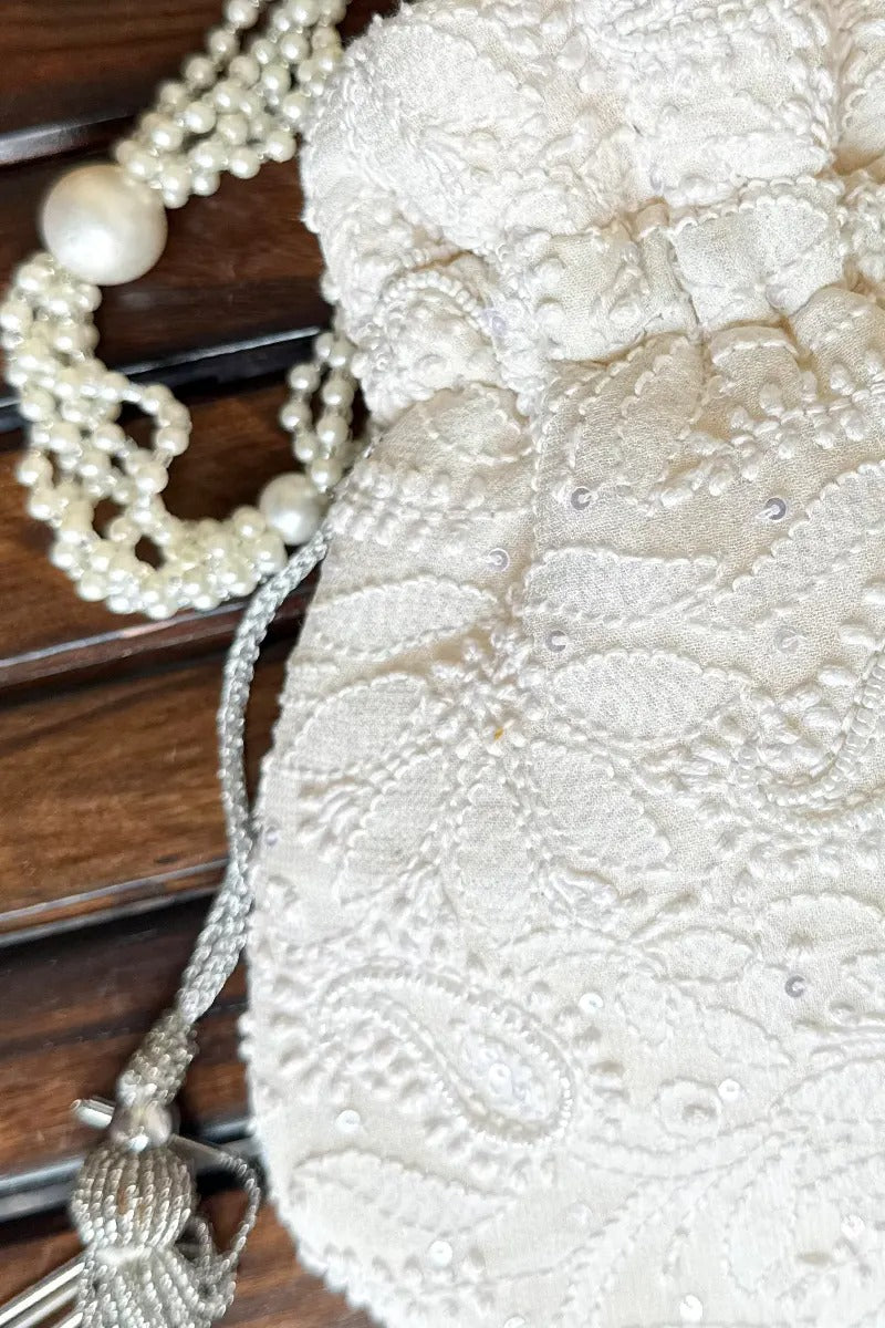 MeMaana Handcrafted White Chikankari Potli with Pearl & Sequin Work MeMaana