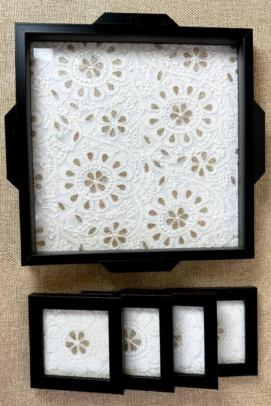 White Handcrafted Lucknowi Chikankari Tray & Tea Coaster Set With hand-embroidered Lucknowi Chikankari
