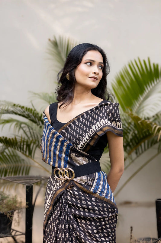 Saanjh & Silk - Black Designer Block Printed Chanderi Silk Saree with Blue Striped Pallu MeMaana