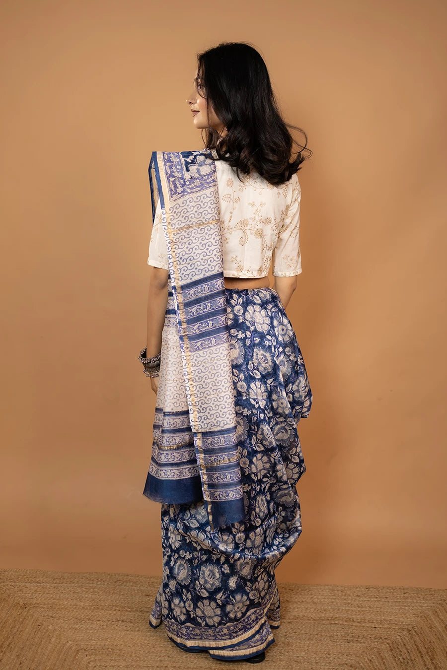 Sara Sija – Navy Blue Hand Block Printed Chanderi Silk Saree MeMaana