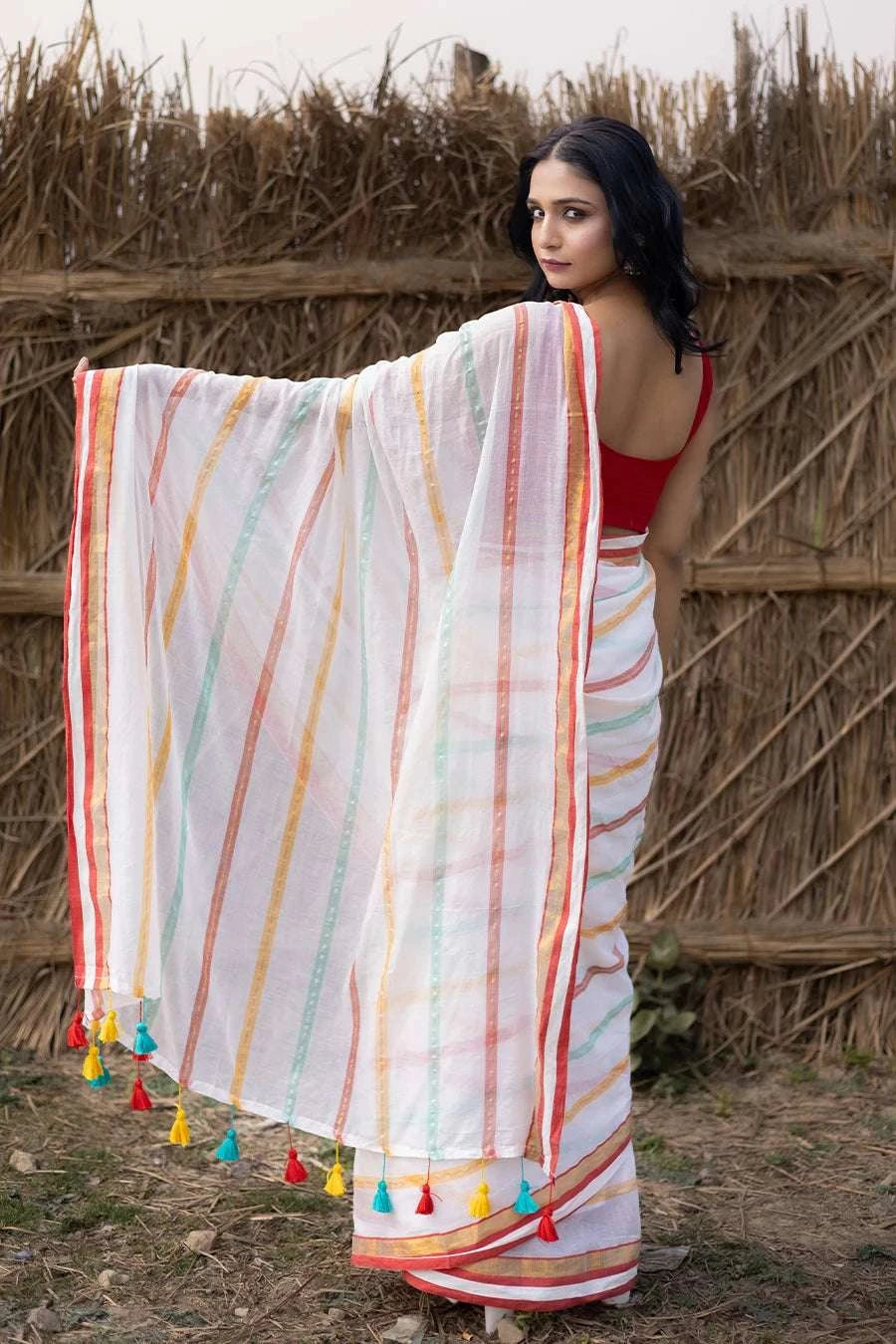 Charulata - White Striped Mulmul Cotton Saree MeMaana