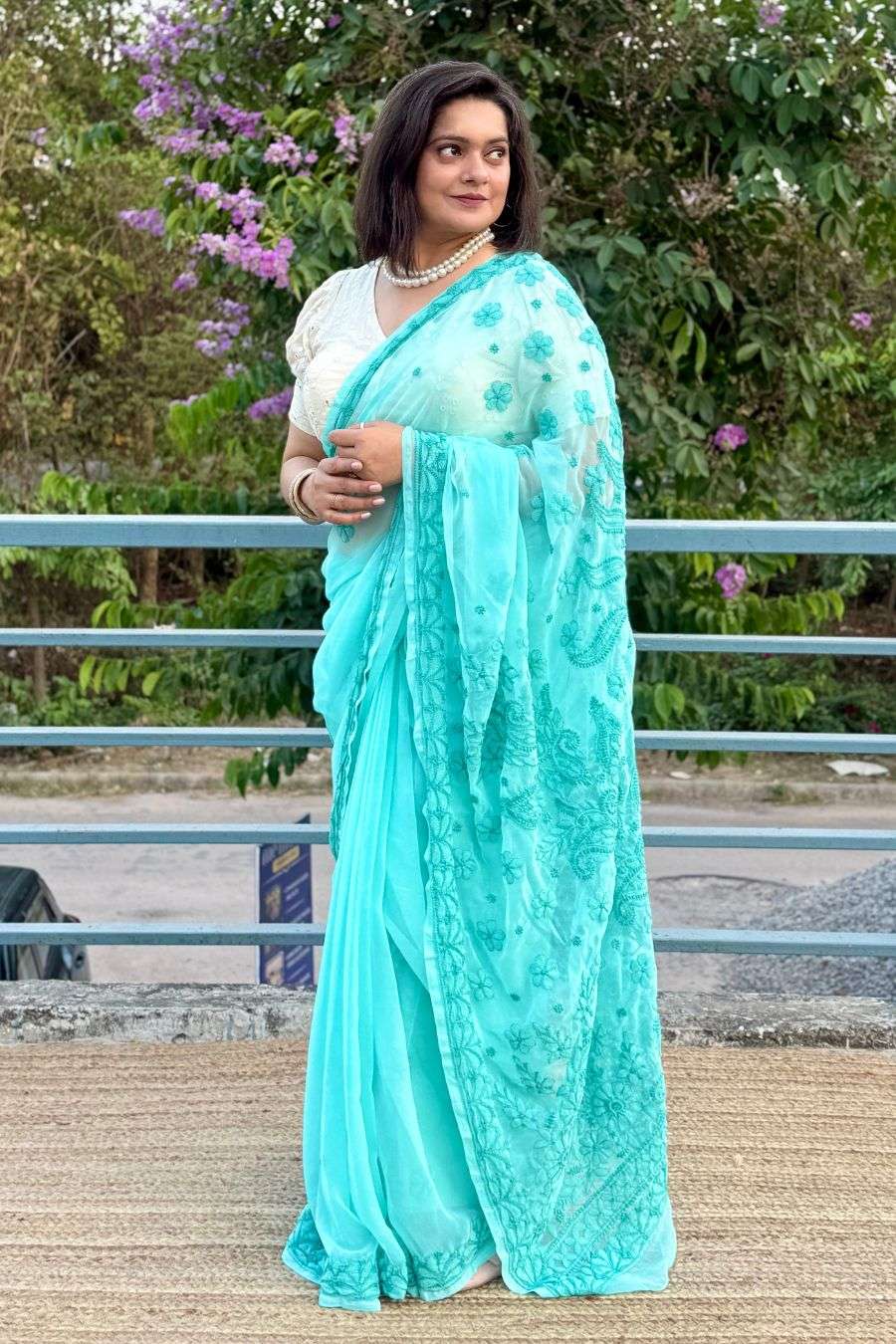 Sea green saree pallu detailing with intricate handwork