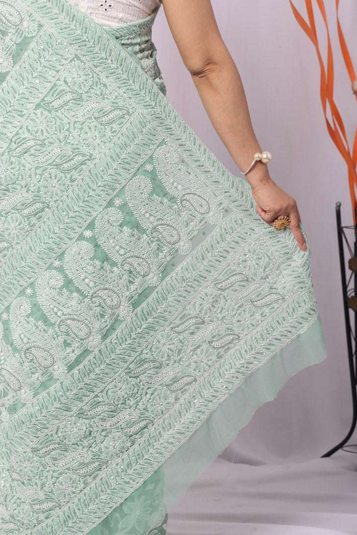 Fabnuma Handcrafted Pista Green Georgette Sequence Pearl Work Chikankari Saree-Blouse Fabnuma