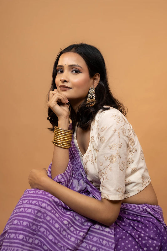Purple hand block printed mulmul cotton saree