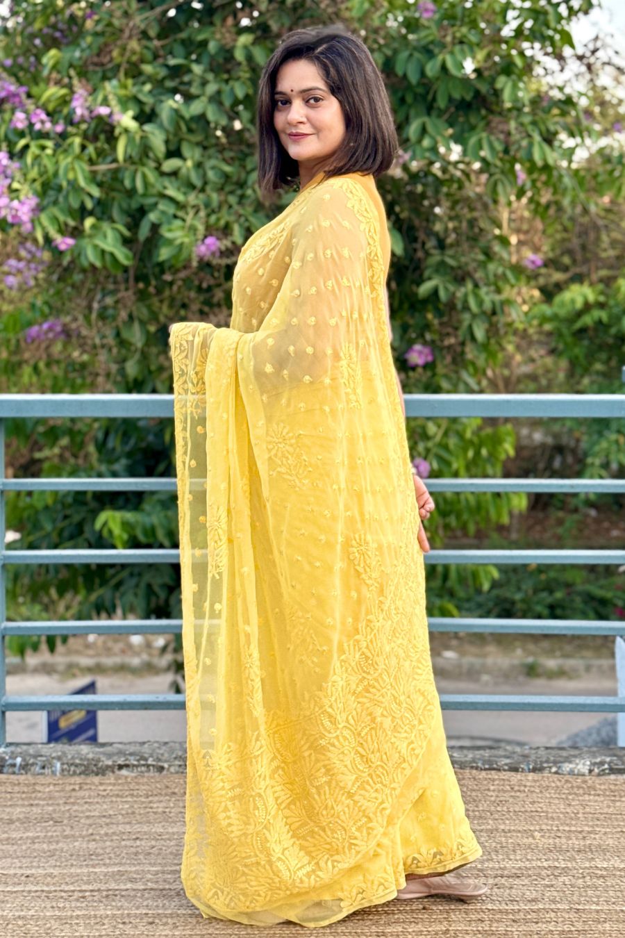 Draped Look of Yellow Chikankari Saree