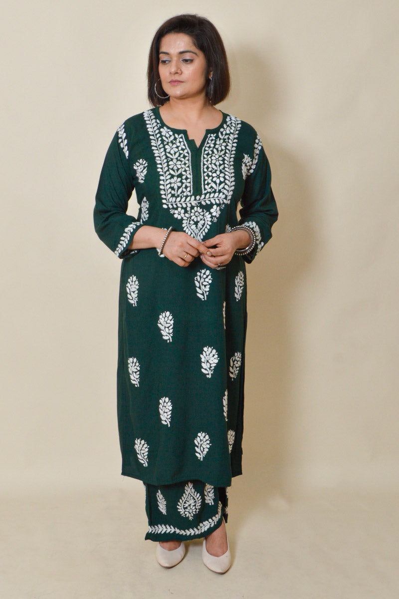 Fabnuma Handcrafted Olive Green Rayon Cotton Chikankari Kurta Bottom Set - Fabnuma