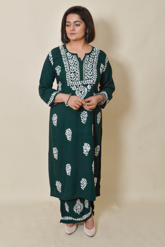Fabnuma Handcrafted Olive Green Rayon Cotton Chikankari Kurta Bottom Set - Fabnuma