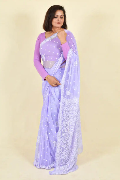 Fabnuma Handcrafted Lavender Georgette Chikankari Saree-Blouse - Fabnuma