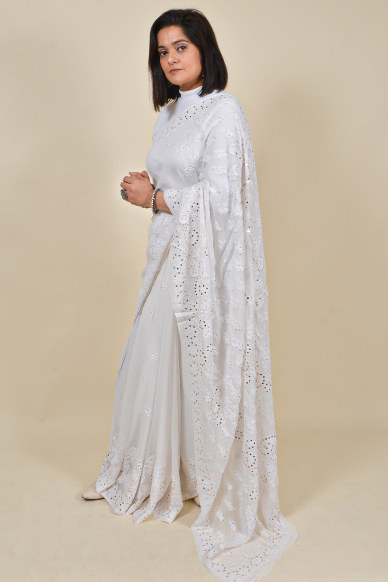 Fabnuma Handcrafted White Viscose Chikankari Saree-Mukesh Work - Fabnuma