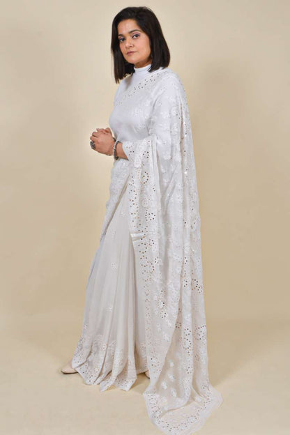Fabnuma Handcrafted White Viscose Chikankari Saree-Mukesh Work - Fabnuma