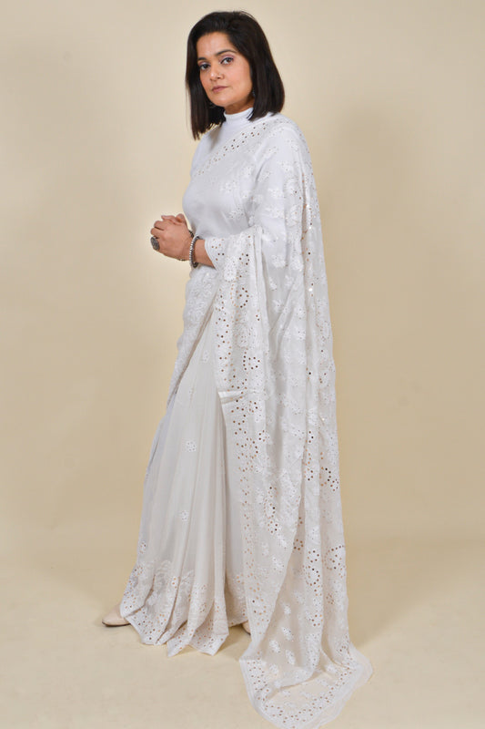 Fabnuma Handcrafted White Viscose Chikankari Saree-Mukesh Work - Fabnuma