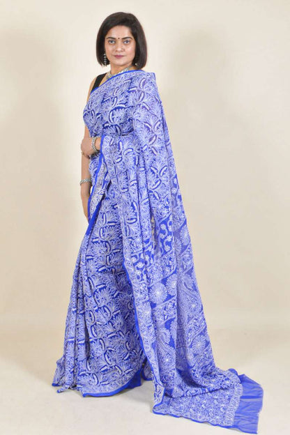 Fabnuma Handcrafted Blue Georgette Chikankari Saree-Blouse - Fabnuma