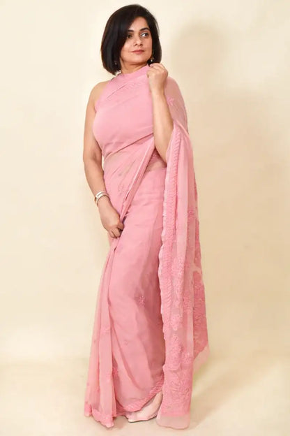 Fabnuma Handcrafted Peach With Mukaish Work Georgette Chikankari Saree-Blouse - Fabnuma