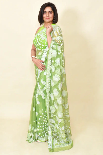Handcrafted Green Georgette Chikankari Saree-Blouse - Fabnuma