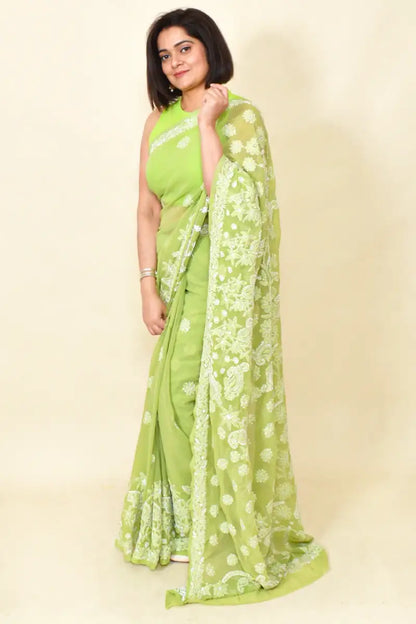 Fabnuma Handcrafted Green Georgette Chikankari Saree-Blouse - Fabnuma