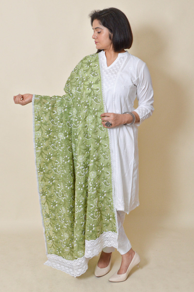 Fabnuma Handcrafted Green Cotton Allover Chikankari Dupatta - Fabnuma