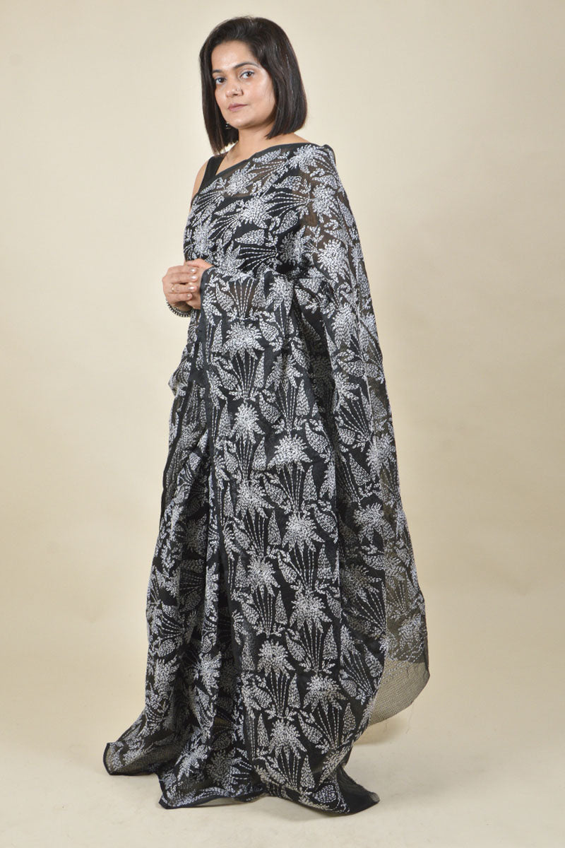 Fabnuma Handcrafted Black Kota Cotton Chikankari Saree-Blouse - Fabnuma