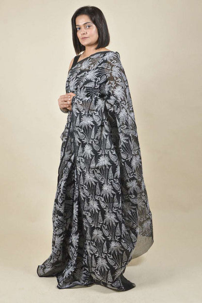 Fabnuma Handcrafted Black Kota Cotton Chikankari Saree-Blouse - Fabnuma