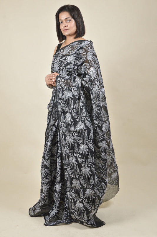Fabnuma Handcrafted Black Kota Cotton Chikankari Saree-Blouse - Fabnuma