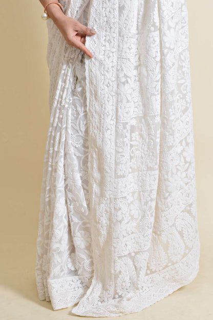 Fabnuma Handcrafted White Georgette Chikankari Saree-Blouse - Fabnuma