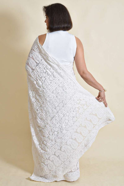 Fabnuma Handcrafted White Georgette Chikankari Saree-Blouse - Fabnuma