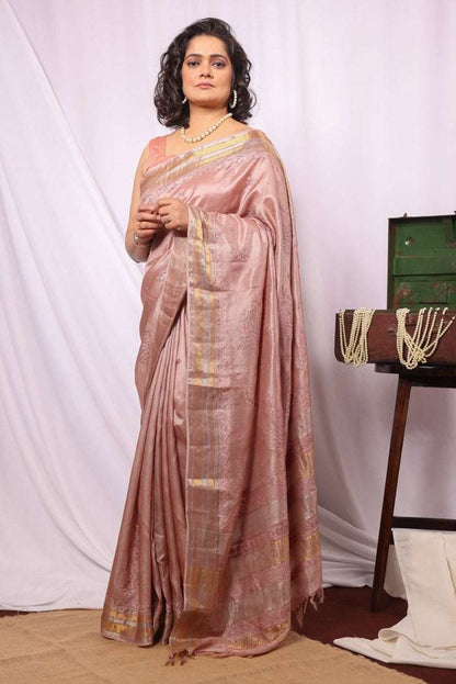 MeMaana Handcrafted Bronze Tussar Silk Zari Border Chikankari Saree-Blouse MeMaana