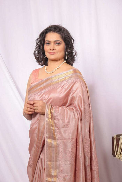 MeMaana Handcrafted Bronze Tussar Silk Zari Border Chikankari Saree-Blouse MeMaana