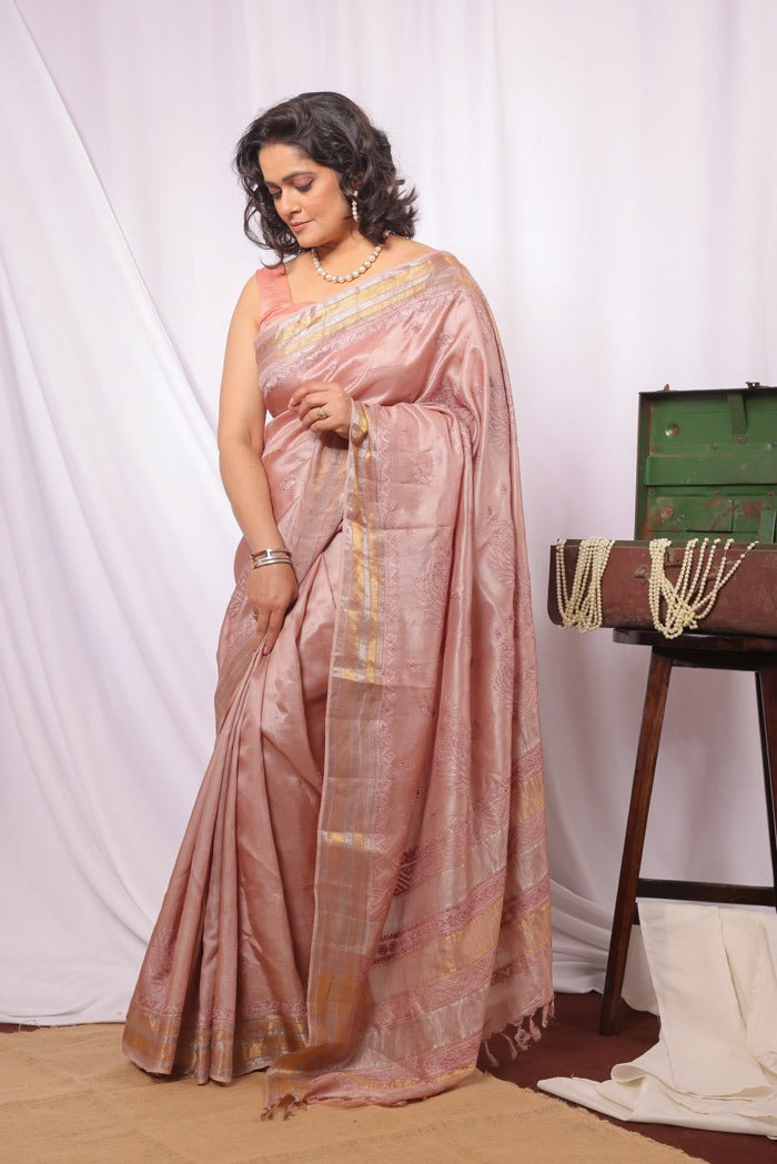 MeMaana Handcrafted Bronze Tussar Silk Zari Border Chikankari Saree-Blouse Fabnuma
