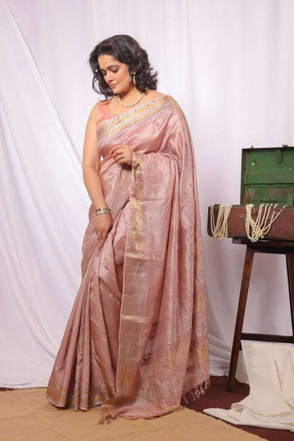 MeMaana Handcrafted Bronze Tussar Silk Zari Border Chikankari Saree-Blouse MeMaana