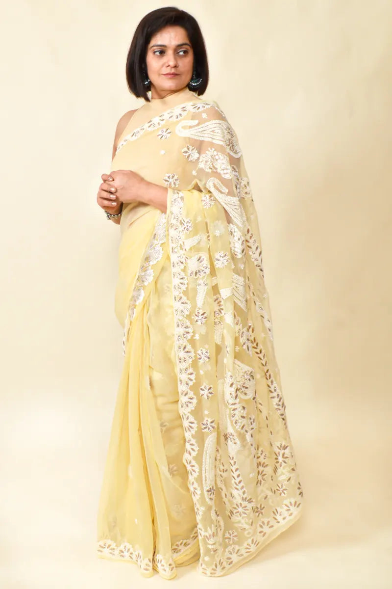 Fabnuma Handcrafted Fawn Georgette Gota Patti Chikankari Gota Patti Work Saree-Blouse - Fabnuma