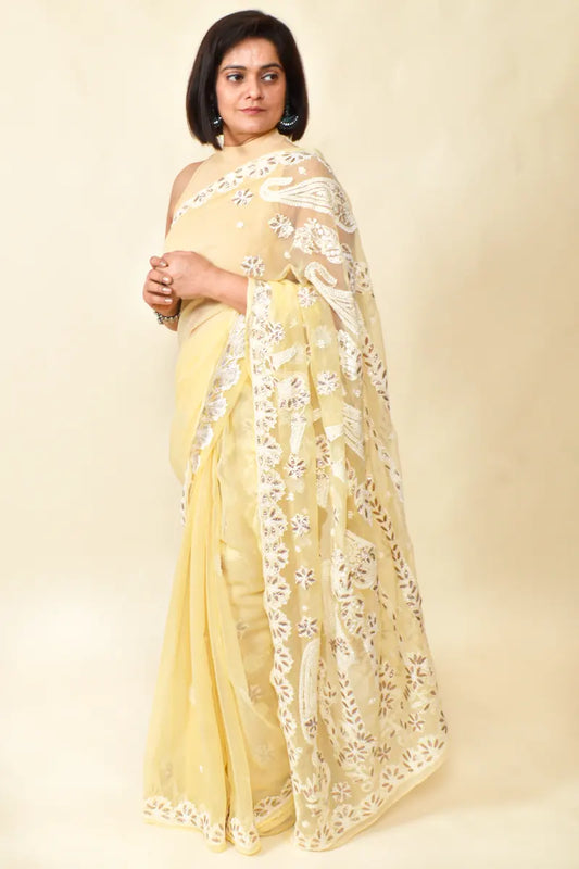 Fabnuma Handcrafted Fawn Georgette Gota Patti Chikankari Gota Patti Work Saree-Blouse - Fabnuma