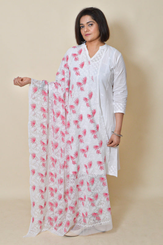 Fabnuma Handcrafted White Georgette Allover Tepchi Chikankari Dupatta - Fabnuma