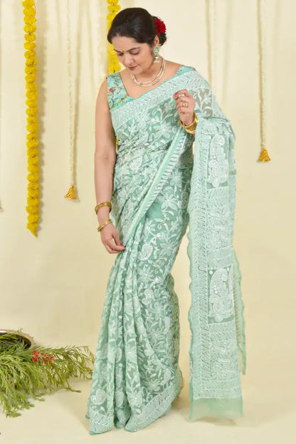 Fabnuma Handcrafted Pista Green Georgette Sequence Pearl Work  Chikankari Saree-Blouse - Fabnuma