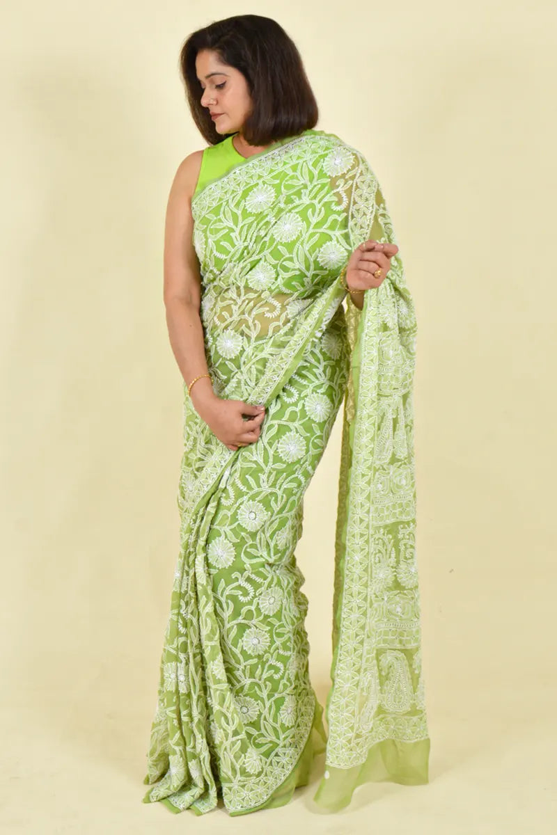 Fabnuma Handcrafted Green Georgette Chikankari Saree-Blouse - Fabnuma