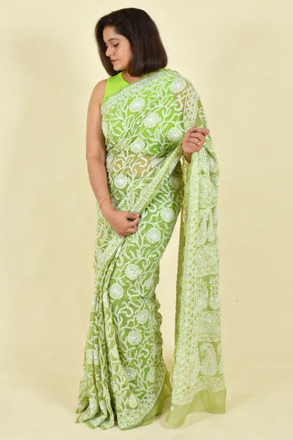 Fabnuma Handcrafted Green Georgette Chikankari Saree-Blouse - Fabnuma