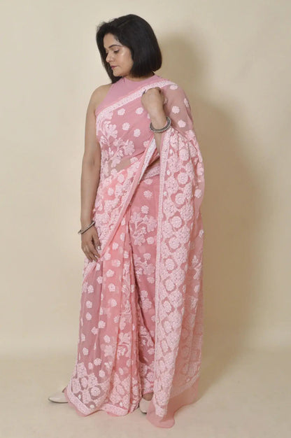 Fabnuma Handcrafted Peach Georgette Chikankari Saree-Blouse - Fabnuma